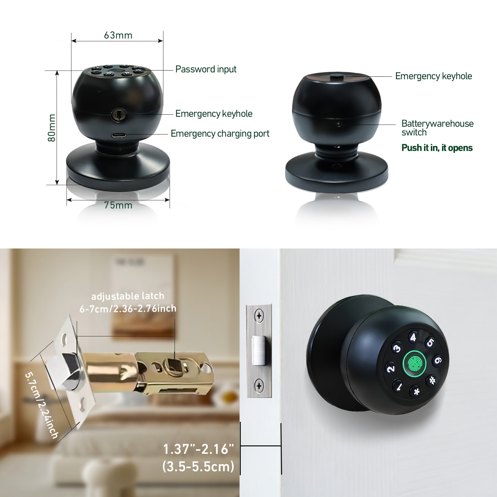 Fingerprint Door Lock, Smart Fingerprint Door Knob with Keypad, Biometric Door Lock with App Control, Auto Lock Door Lock with Code, Keyless Door Knob with Lock for Bedroom, Home, Office-Matte Black