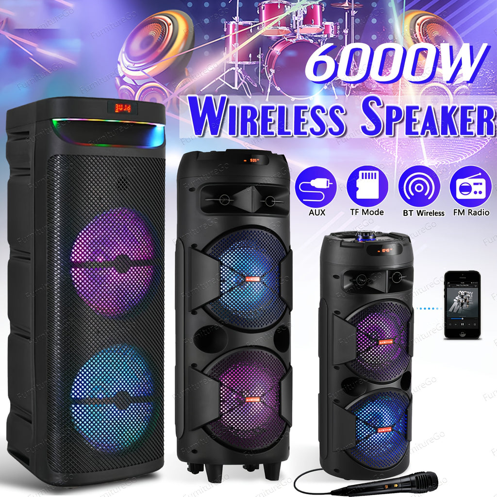 Wireless Party Speaker with Dual Subwoofers, RGB Lighting, FM Radio, USB/TF Playback, TWS Pairing, And 20 Hours of Playtime