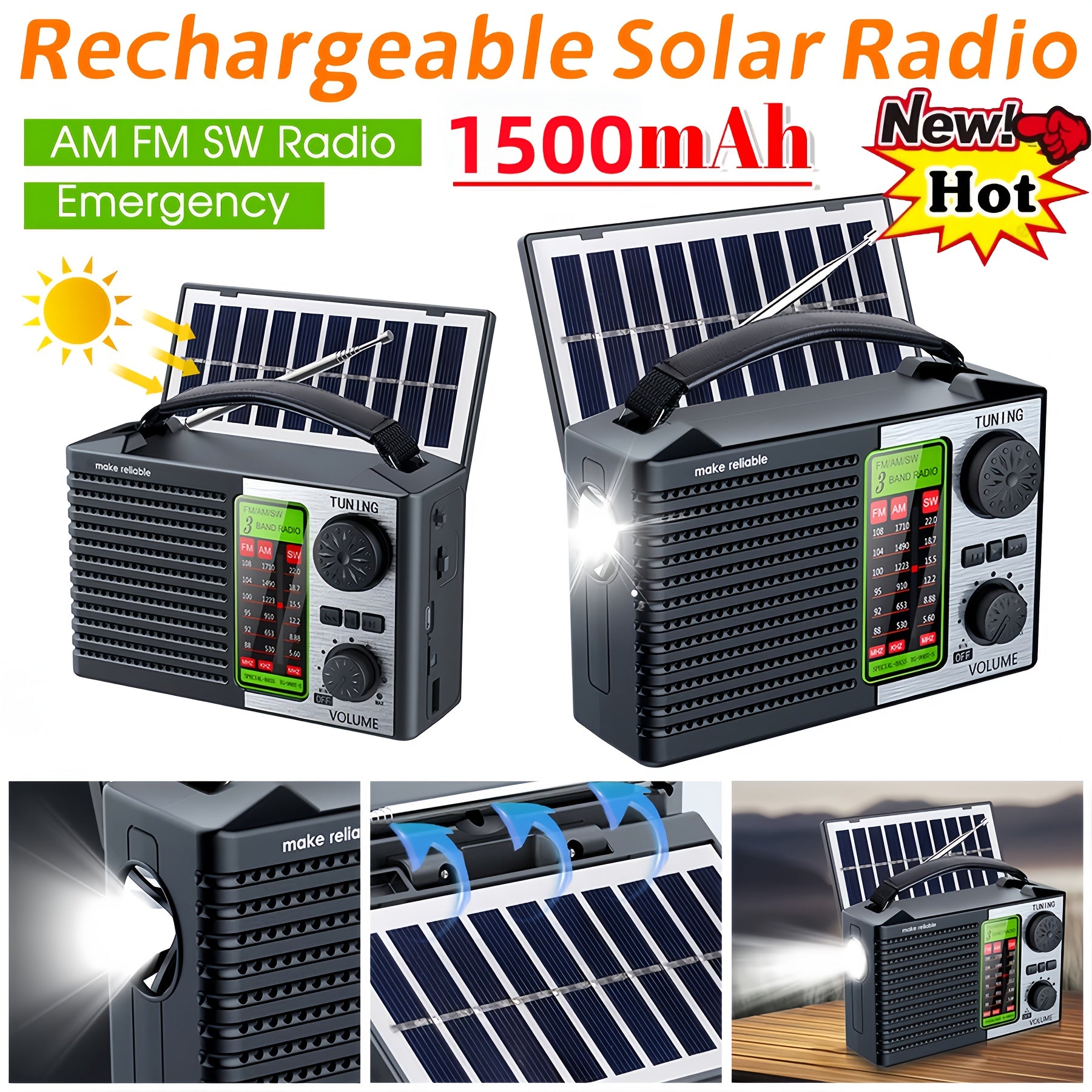 2026 New 5-in-1 Emergency Radio with Dual Speaker System, MP3/USB/TF Card Player, FM/AM/VHF/SW Bands,, 180° Foldable Solar Panel & Flashlight - Portable for camping,, Power Outages (/)