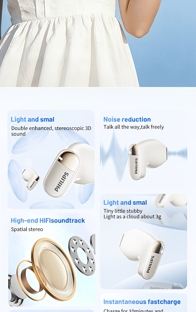 Philips True Wireless Earbuds with LED Power Display - Stereo In-Ear Headphones, Microphone for Calls, Large Capacity Charging Case, Extended Design for All Smartphones, TAT2169