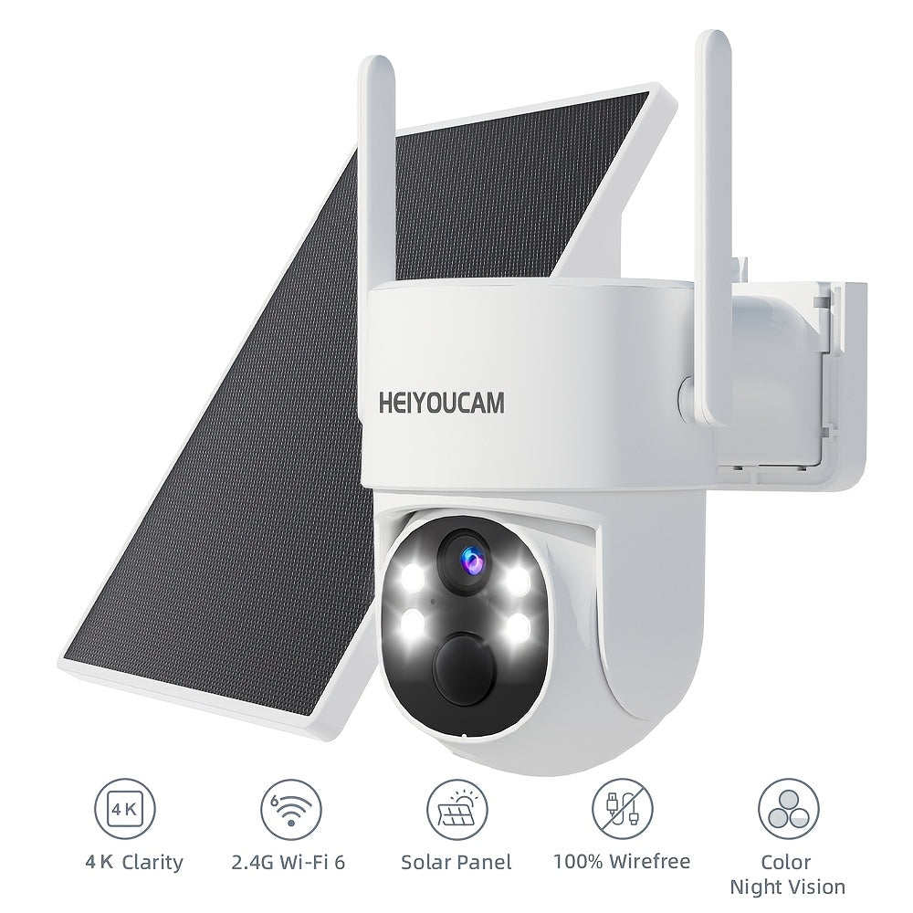 4K Solar Security Cameras Wireless Outdoor, 360° View Pan/Tilt WiFi Security Camera Outside with Color Night Vision, PTZ Surveillance Camera with PIR, Easy to Install, PIR Alarm, 2-Way Audio, SD/Cloud,