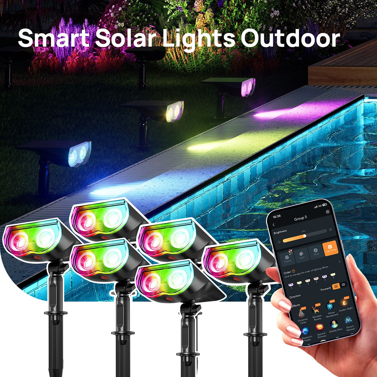 Smart Solar Outdoor Lights, Smart Color Changing RGB Spotlights, Waterproof, APP/Voice Control, Cool/Warm White/Color Changing, Landscape Accent Lighting, Light Shows And Music Sync, Timer And Schedule Supported, For St. Patrick'S Day Decorations Fo