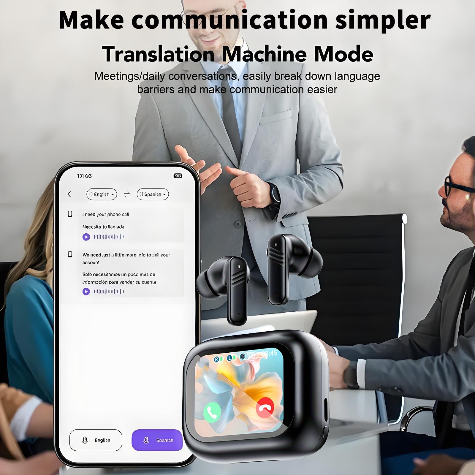 ANC Noise Cancelling AI Translation Headphones, Multi-Chinese Translation, with LCD Screen, In-Ear Comfortable Wear, Suitable for Business Meetings, International Travel