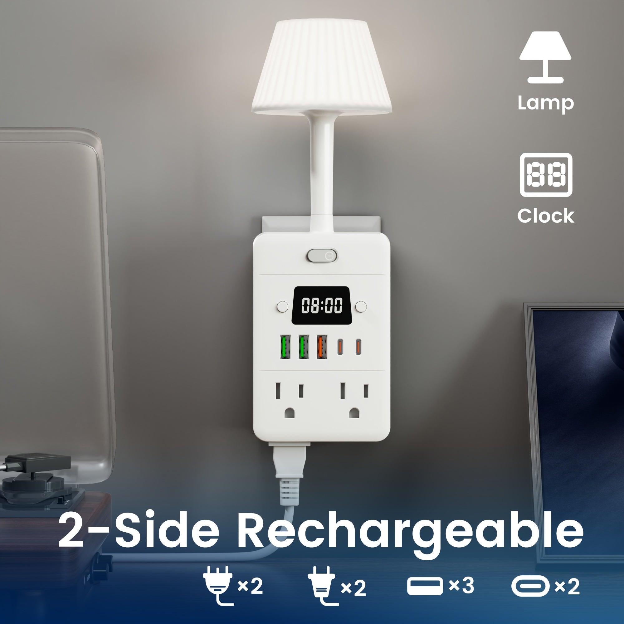 1pc Multi-Outlet Surge Protection Power Strip with Desk Lamp And Clock - 4 AC Outlets with 3 USB-A Ports And 2 USB-C Ports - Power Outlet for Office, Study, Home, And School Use - Power Socket with Overload Protection
