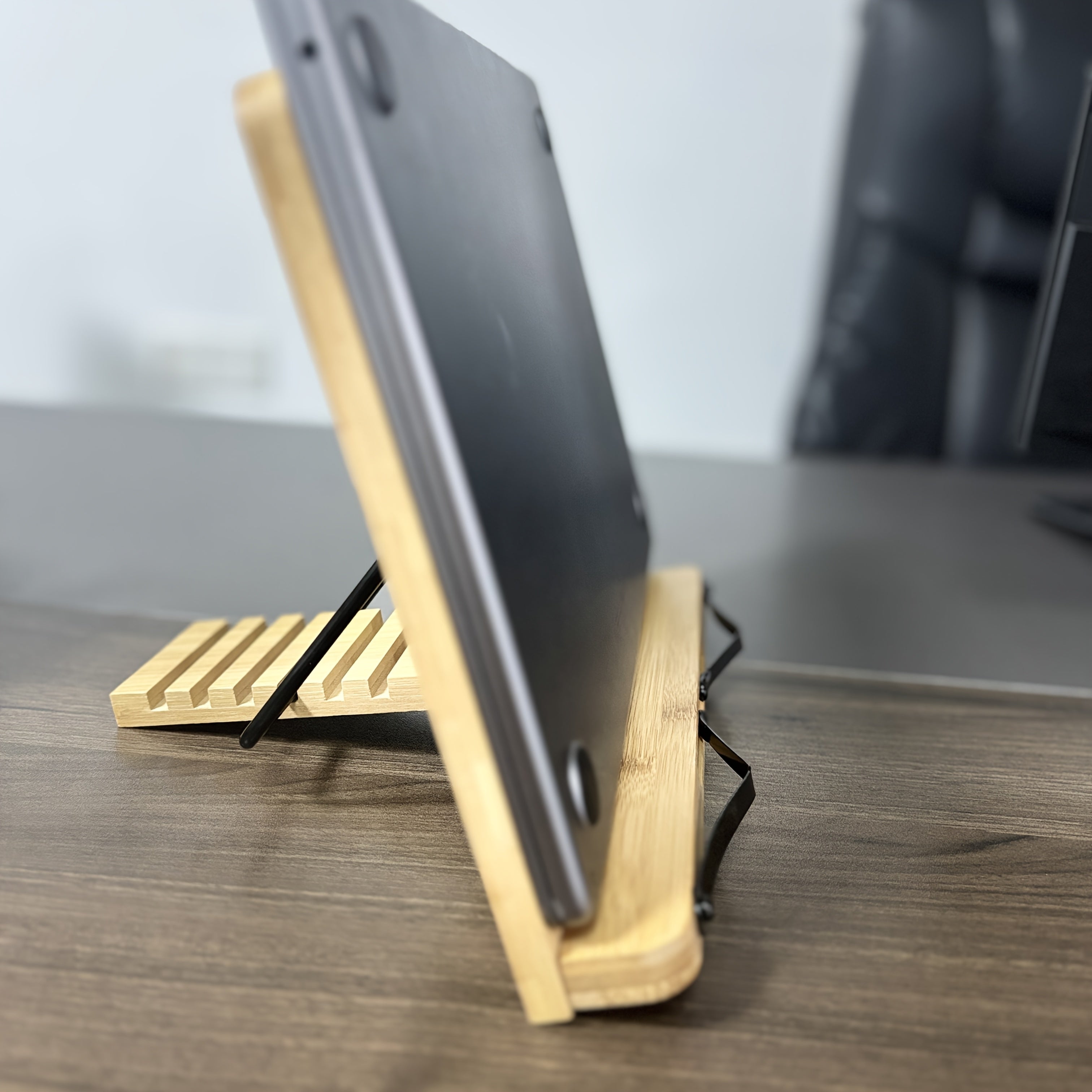 Adjustable Bamboo Book & Tablet Stand with Page Holder - Portable Folding Reading Stand suitable for Cookbooks, E-Readers, Tablets & Textbooks, Angle Settings & Page Clip System, Lightweight Sturdy Bookstand (11x7.9in)