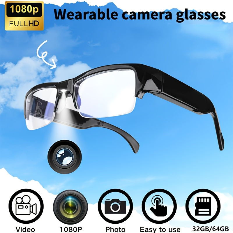 1pc Video Glasses, 1080P HD Sports Camera, Portable Wearable Camera, Smart Glasses, 65° Wide-Angle Lens, Body Camera, with 32/64GB Storage Card, Driving Recorder Glasses, Cycling, Conference Recording, Christmas, Halloween
