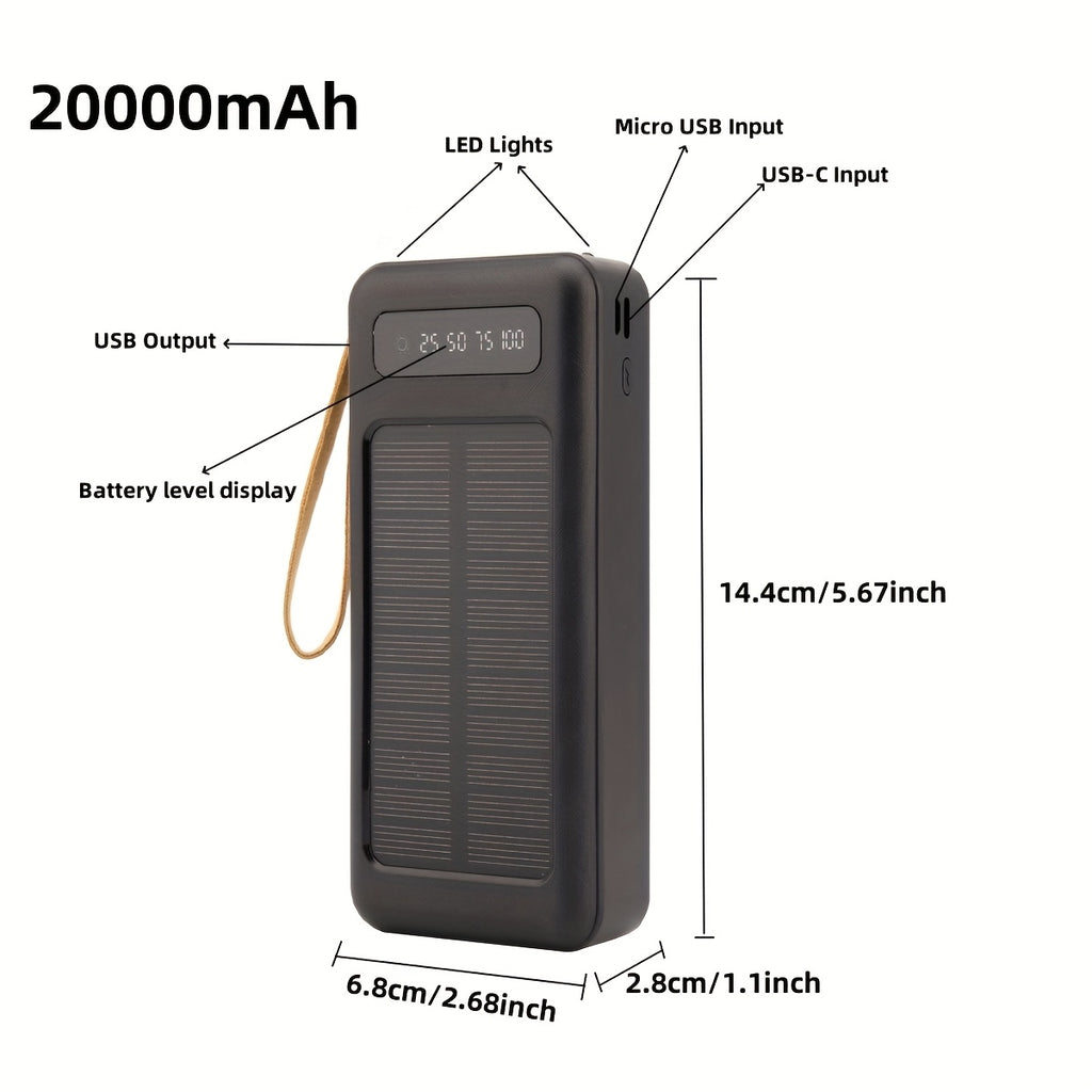 10000/20000/30000mAh 5W Slow Charging/15W Fast Charging Multifunctional Solar Power Bank With Ultra-bright LED Light, Large Capacity Rechargeable Portable Mobile Phone Charger Built-in 4 Cables Digital Display Dual Usb Port USB-C Input
