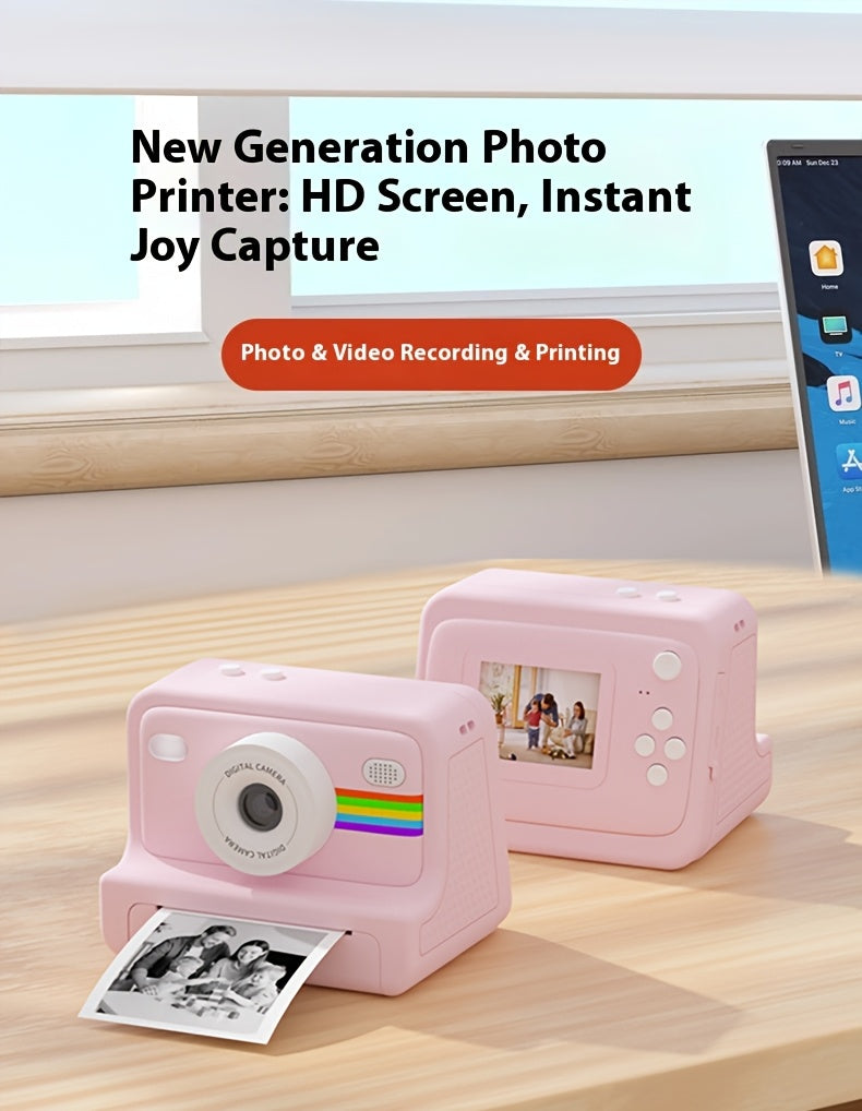 Portable Instant Photo Digital Camera, 1-Second Instant Photo Printing, Video Selfie Camera, 1080P HD Screen, Supports Photo Printing, Photography, USB Cable, Lanyard, Three Rolls of Print Paper, Holiday Birthday Gift, Portable Travel Printing