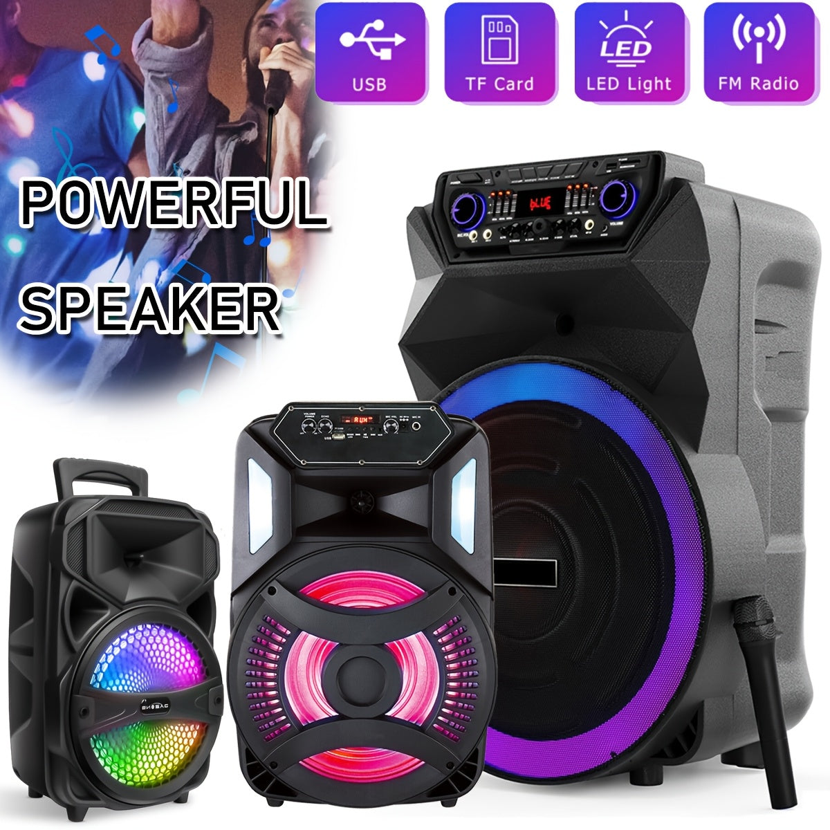 1000W Portable Rechargeable FM Wireless Speaker 8-Inch Subwoofer Heavy Bass Sound System Remote Control Party Speaker W/ Mic LED AUX in