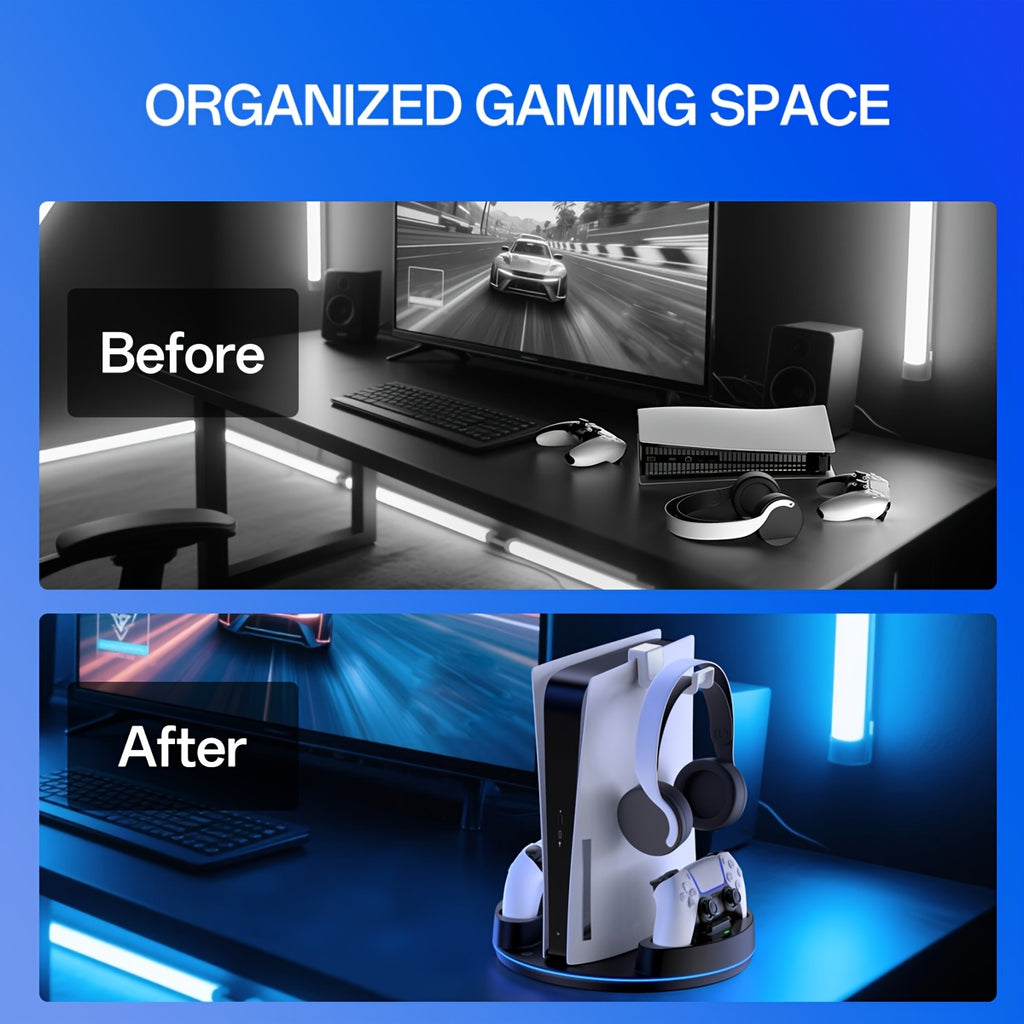 For PS5 Slim for PS5 Pro for PS5 Stand Console, Fast Charging Station Compatible with for PS5 Controllers with Adjustable RGB Light, Charging Station for All for PS5 Console