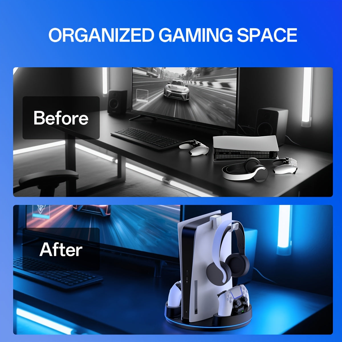 For PS5 Slim for PS5 Pro for PS5 Stand Console, Fast Charging Station Compatible with for PS5 Controllers with Adjustable RGB Light, Charging Station for All for PS5 Console