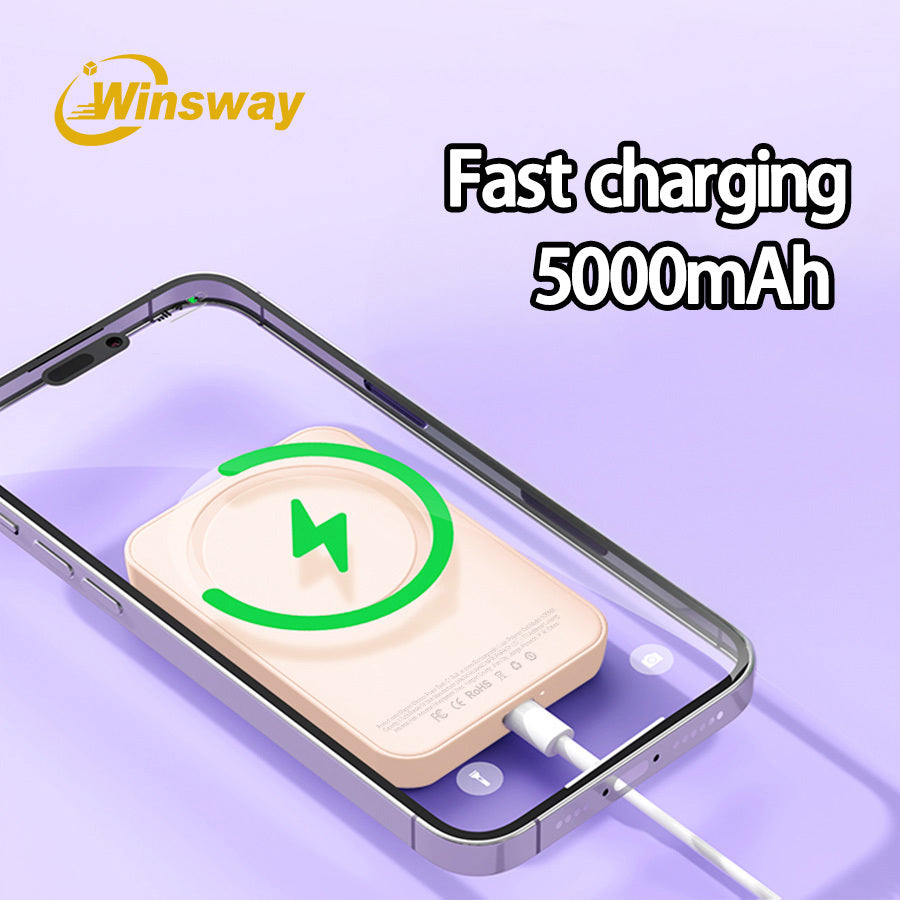 Winsway 5000mAh magnetic mini mobile power bank, supports PD and QC 3.0 fast charging, colorful and versatile, suitable for iPhone 17/16/15/14/13 series