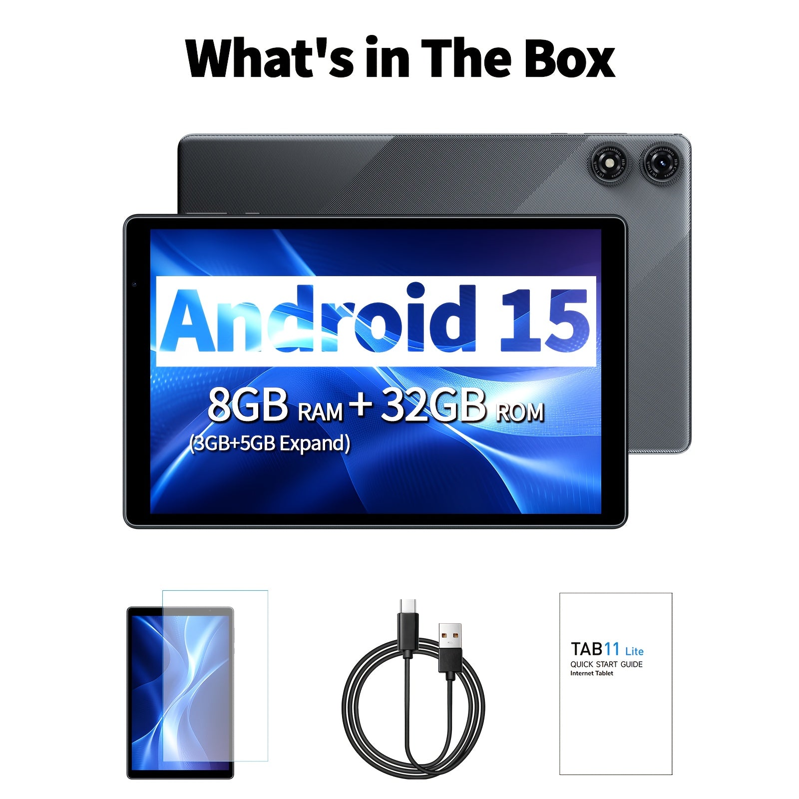 [Android 2-in-1 Tablet] Android 2-in-1 Tablet, 10. 1-inch, Running the Latest Android 15 System, 32GB Storage Expandable up to 1TB, 8GB RAM with 3GB+5GB Expandable Memory, Available with Keyboard, Protective Case, Mouse, and Stylus Pen, 6000mAh Battery, D