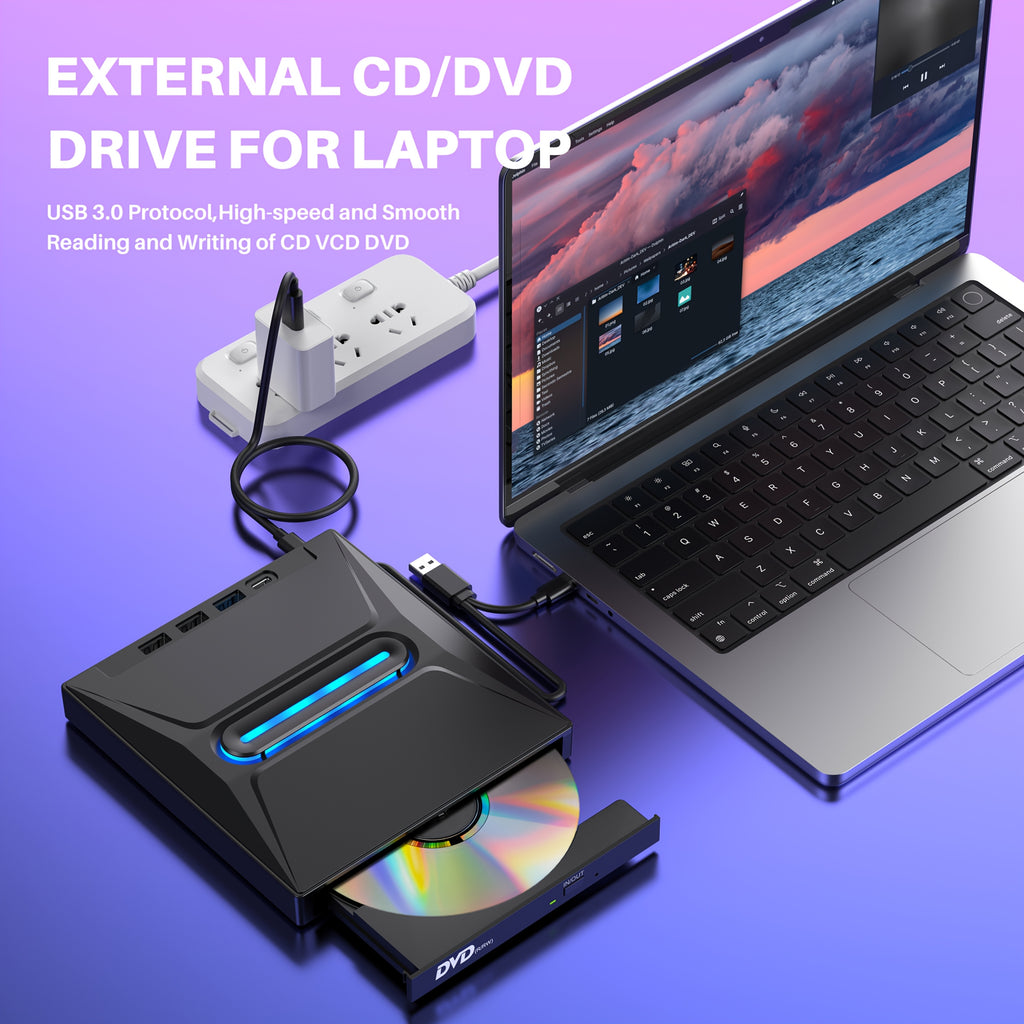 New 8-in-1 Luminous External CD DVD Drive, USB 3.0 Type-C Portable CD/DVD +/-RW Burner Player Hub With 3 USB Ports, TF/SD Card Reader, Compatible With Laptop Desktop PC Windows Linux OS