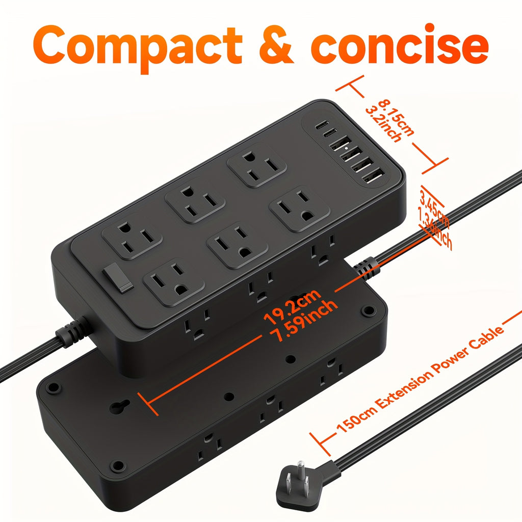 Compact Power Strip Surge Protector, 18in 1 Charging Station, with 12 AC Outlets and 6 USB Charging Ports (4 USB A & 2 USB C), Flat Plug, 5ft PVC Extension Cord, Fire-Resistant Suitable for Home, Office And Travel