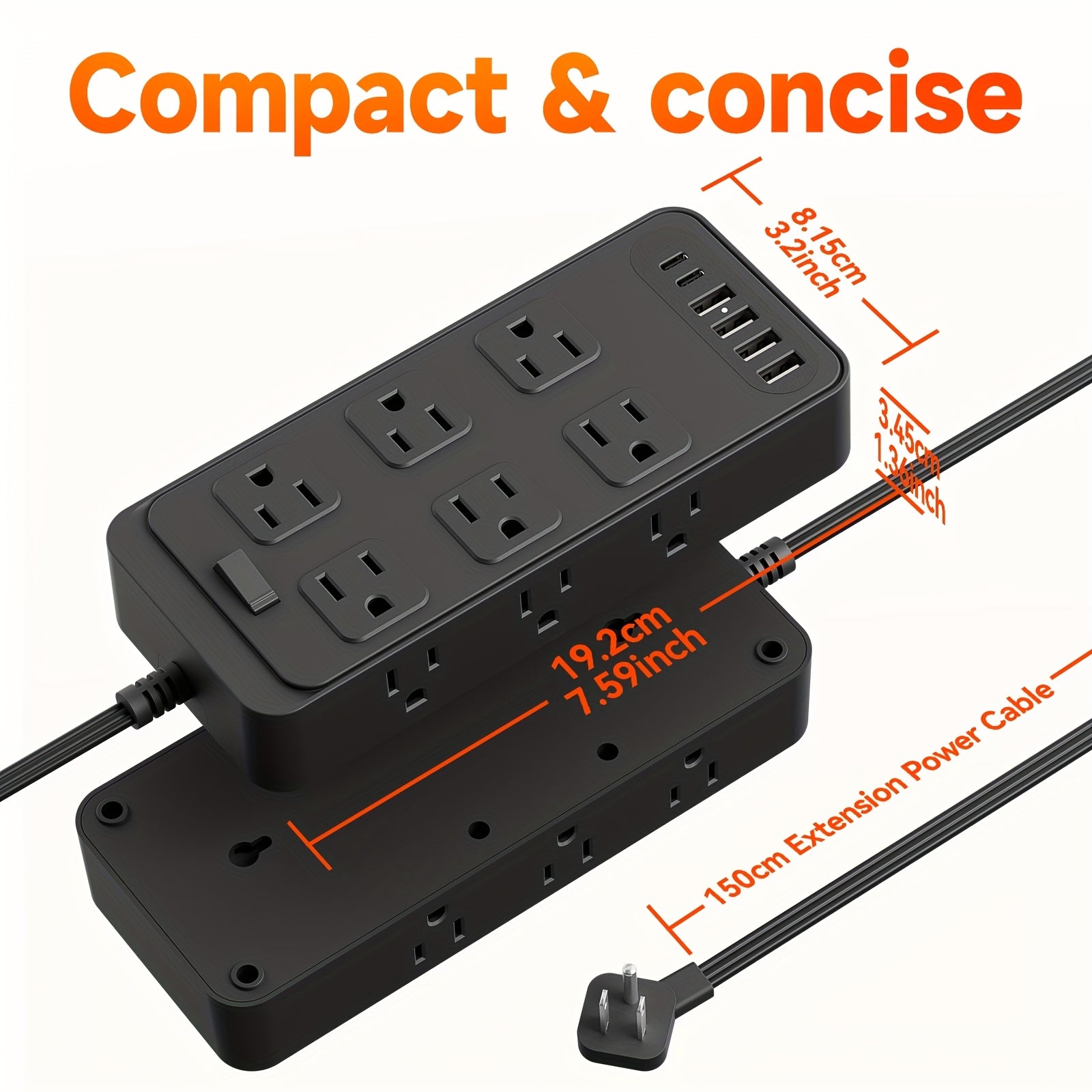 Compact Power Strip Surge Protector, 18in 1 Charging Station, with 12 AC Outlets and 6 USB Charging Ports (4 USB A & 2 USB C), Flat Plug, 5ft PVC Extension Cord, Fire-Resistant Suitable for Home, Office And Travel
