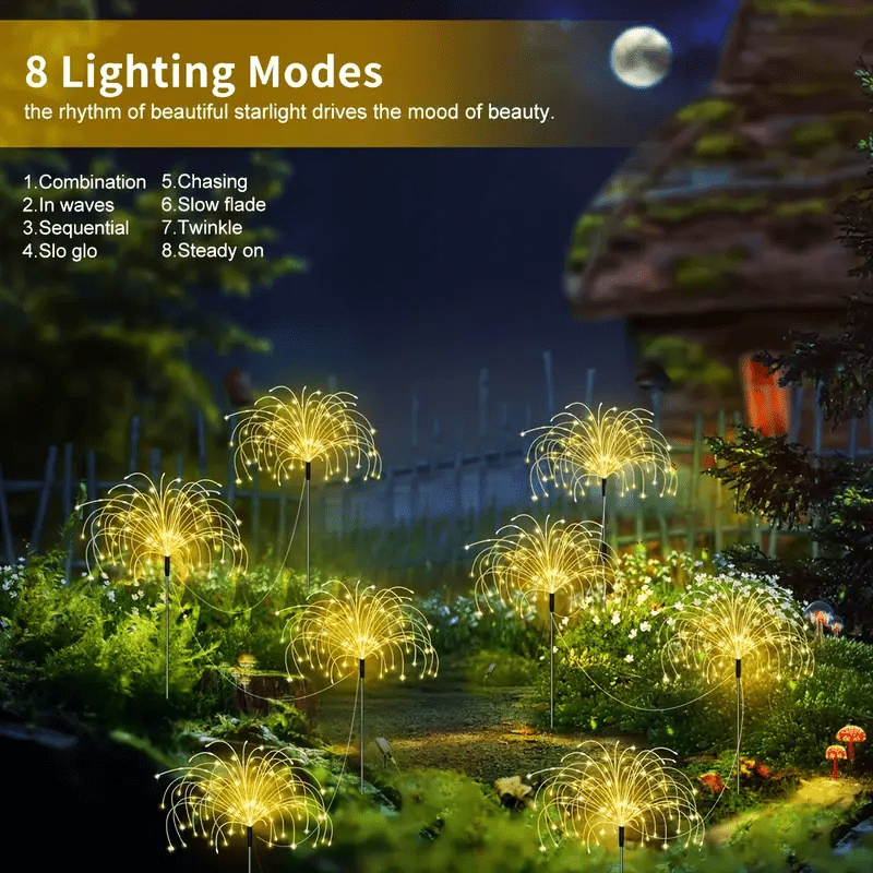 (680LED/320LED/80LED) 1 Pce/4 Pce/6 Pce Solar LED Firework Garden Lights, 8 Lighting Modes, Warm White and Colorful,, Durable Outdoor Decoration, Suitable for Patios, Walkways, Camping, Parties, Weddings, Halloween, Dinners, Party Decorations |