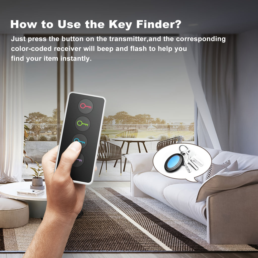 Wireless Key Finder With LED Light (131ft Range) - Easy-to-Use For Seniors - Locate Keys, Phones, Wallets, And TV Remotes - 4 Receivers, No App Required - Includes Batteries.