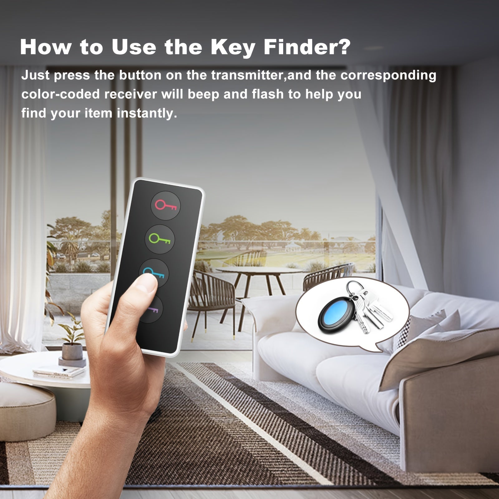 Wireless Key Finder With LED Light (131ft Range) - Easy-to-Use For Seniors - Locate Keys, Phones, Wallets, And TV Remotes - 4 Receivers, No App Required - Includes Batteries.