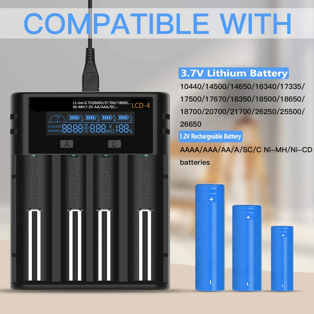 A Versatile Charger for 18650 Batteries Featuring an LCD Screen That Shows Battery Capacity, Compatible with 3.7V And 1.2V Batteries Including Sizes 26650, 18650, 18490, 18350, 17670, 17500, 16340, 14500, RCR123A