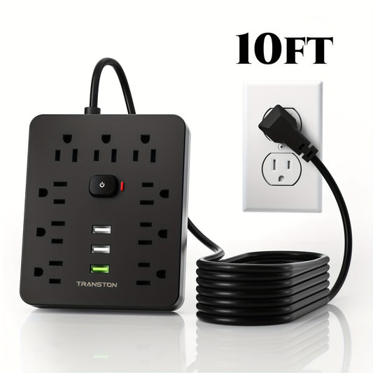 Power Strip Surge Protector with 9 Ac Outlets, 3 USB -10ft Cable, 45° Tilt Plug, Advanced Protection for Home, Office & High-Power Devices