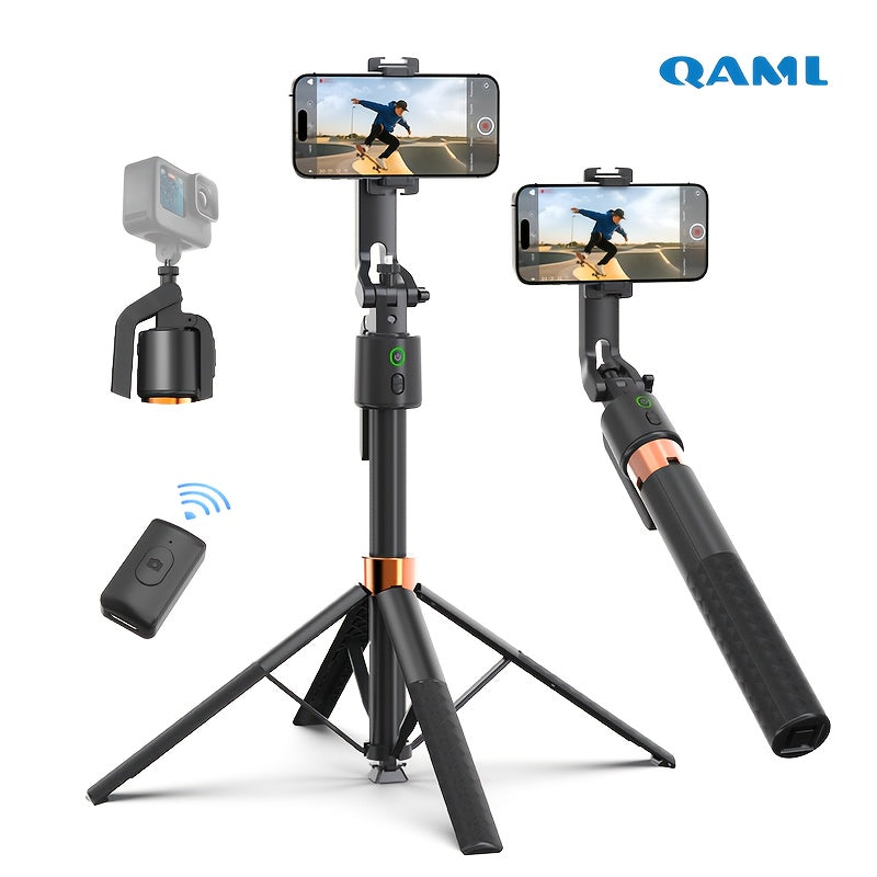 QAML 2025 NEW Q13 Aluminum Alloy Selfie Stick Tripod with 360° Face Recognition, Multi-Function Phone Holder with Remote, Extendable Travel Stand for iPhone, Android, Camera, Live Streaming, Video Platforms Vertical Adjustment for iPhone & Xiaomi Smartpho