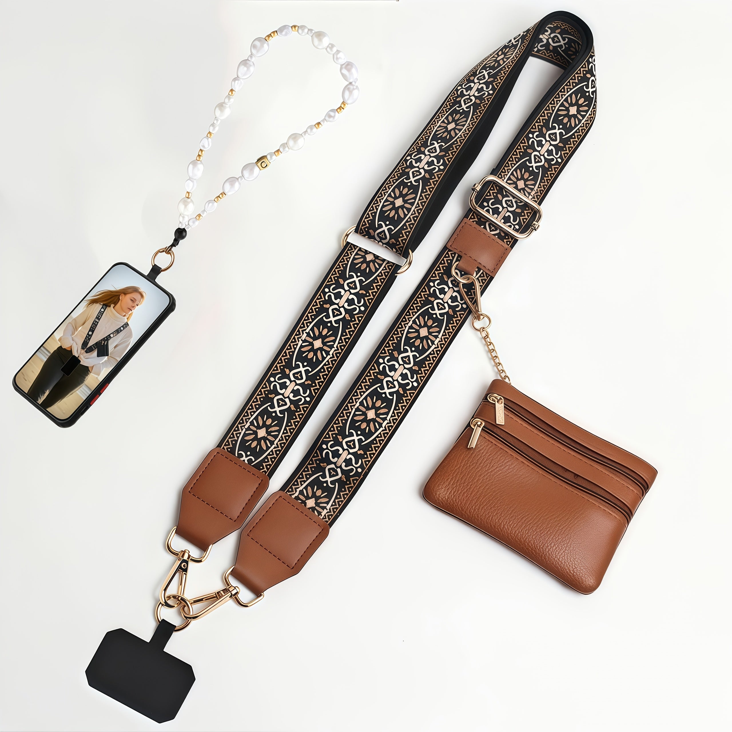 Clip And Go Strap Phone Strap with Pouch, Adjustable Phone Strap Crossbody, Detachable Wrist Strap with Wallet,, with Beaded Phone Charm Lanyard