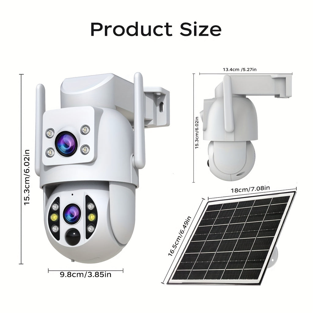JOOAN Solar-Powered Outdoor Surveillance Camera Featuring 360° PTZ View, Dual Lenses & Display, 1296P HD Quality, Two-Way Communication, Motion Detection Alert, Color Night Vision, Rechargeable Battery, Wall Mounting, Wifi/Sd Storage