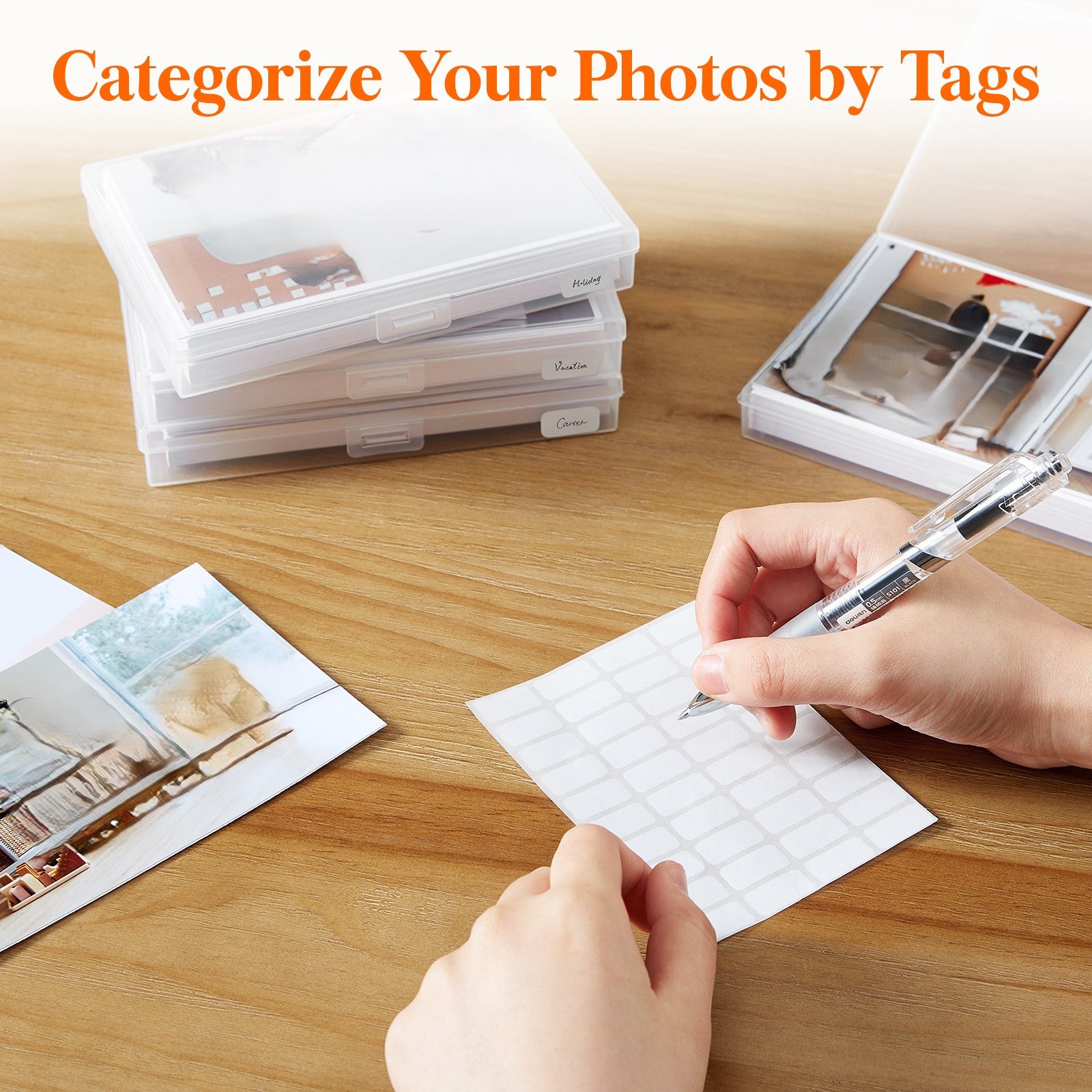 Photo Storage Box 4x6 Photo Case, 14 Inner Photo Keeper, Clear Photo Boxes Storage with 1 Sheet Label Sticker, Plastic Craft Storage Box with lids for Cards Pictures Stamps Office Supplies