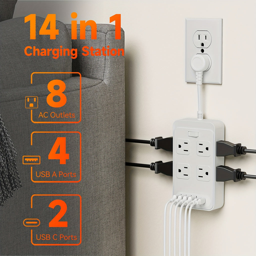 14-in-1 Power Strip With Surge Protection And One-Touch Control Switch With 8 Widely Distributed AC Outlets, 6 USB Charging Ports (4 USB A & 2 USB C), Desk Charging Station, Safe And Portable, Desktop Charging Station, Compact Power Strip Outlet Ext