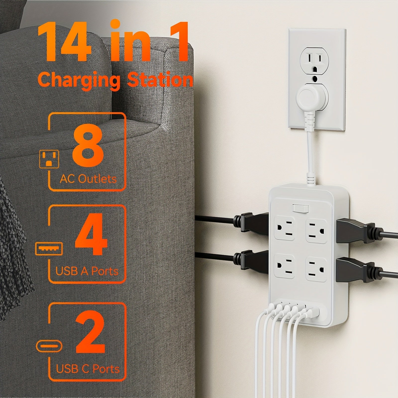 14-in-1 Power Strip With Surge Protection And One-Touch Control Switch With 8 Widely Distributed AC Outlets, 6 USB Charging Ports (4 USB A & 2 USB C), Desk Charging Station, Safe And Portable, Desktop Charging Station, Compact Power Strip Outlet Ext