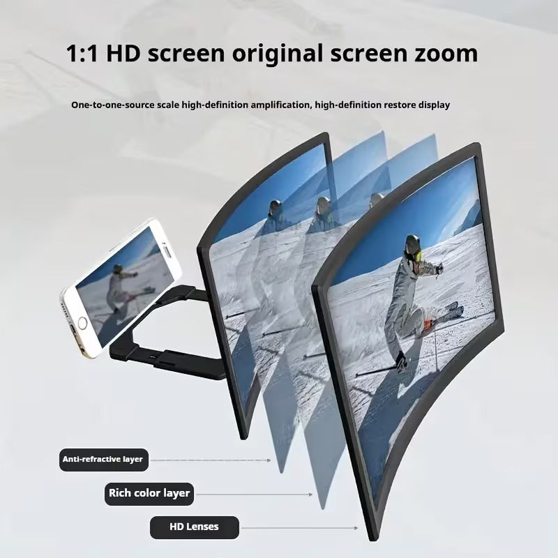 16-Inch HD Curved Phone Magnifier Featuring a Foldable Stand, a Contrast Ratio of 3000:1, And a Wide Viewing Angle of 1080 Degrees. It Is Ergonomically Designed for Watching Movies, Gaming, And Video Calls