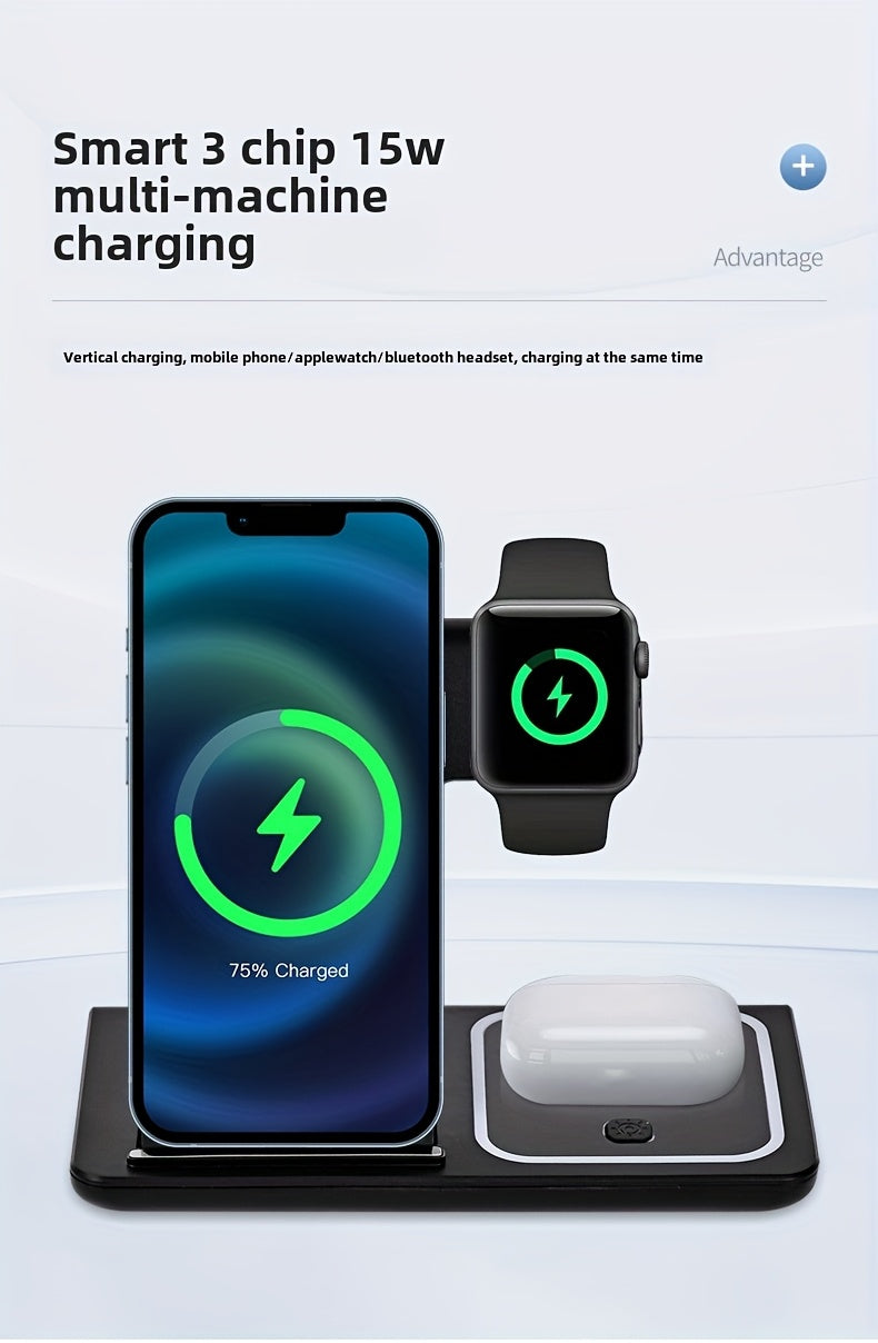3-in-1 Wireless Charging Station - 15W Fast Charger Stand with QC3.0 Adapter - Suitable for iPhone 15 14 13 12 11 X 8 Pro Max/Pro/Mini/Plus, iWatch Ultra 9/8 7/6/5/4/3/2, AirPods 3/2
