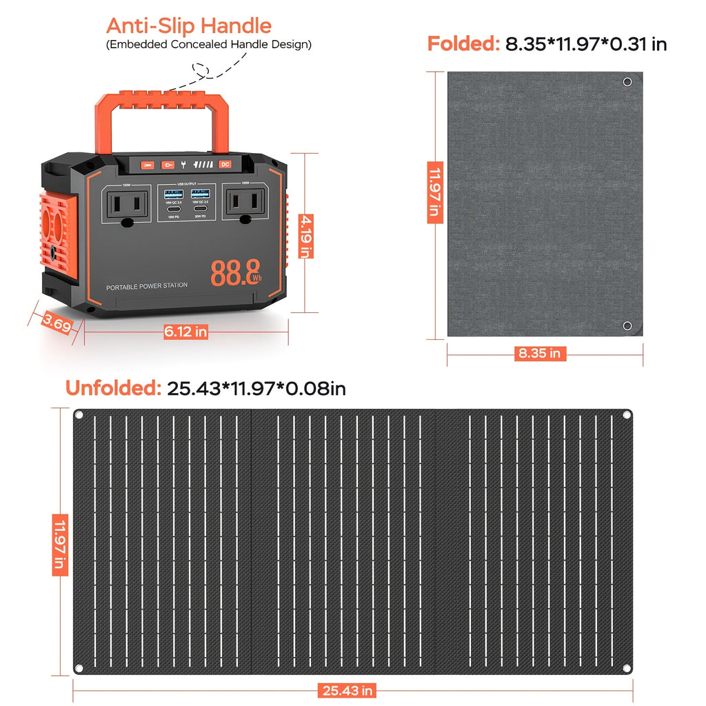 [Outdoor Camping, Gift] Portable Power Station 237Wh With 60W Solar Panel/88Wh And 30W Sl/111Wh And 30W SL, Or 88.8Wh/237Wh. With 2 X AC/USB-C PD/USB QC3.0/DC Output, LED Emergency Power Light For Outdoor Camping, RV Traveling, Emergencies For Gift