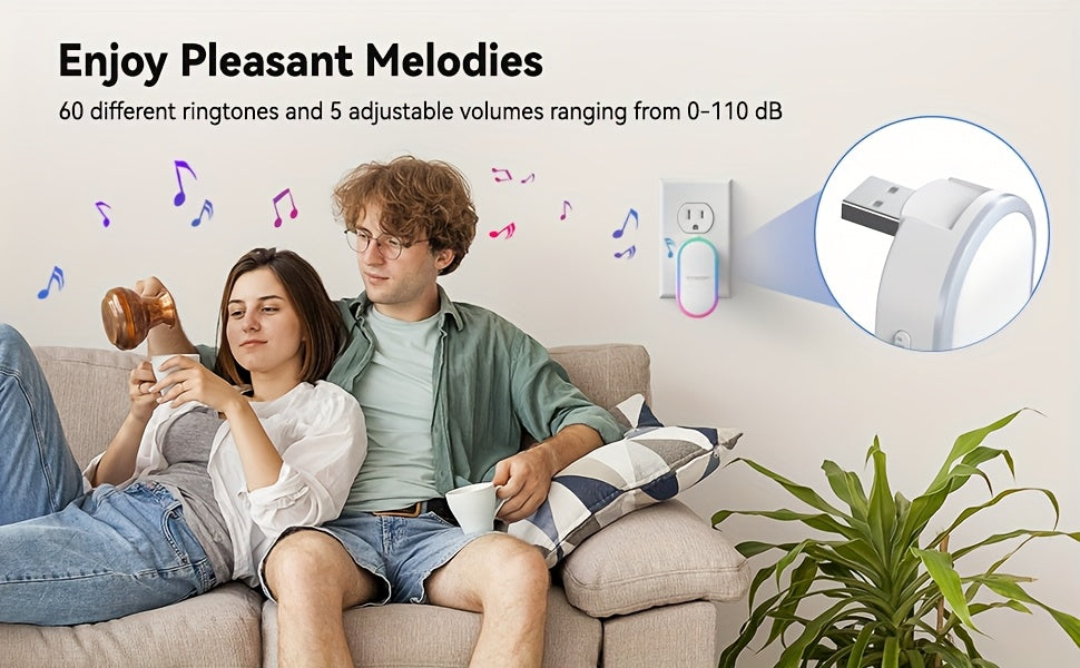 TMEZON Office Call Bell, USB Musical Doorbell Kit, Door Bell Chime, Musical Doorbell, 60 Melodies, 5 Volume Levels, Colourful LED For Home Security Outdoor, Local Warehouse, Mother'S Day Gifts