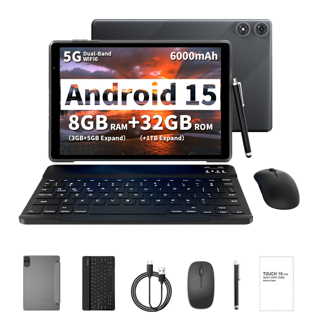 [Android 2-in-1 Tablet] Android 2-in-1 Tablet, 10. 1-inch, Running the Latest Android 15 System, 32GB Storage Expandable up to 1TB, 8GB RAM with 3GB+5GB Expandable Memory, Available with Keyboard, Protective Case, Mouse, and Stylus Pen, 6000mAh Battery, D