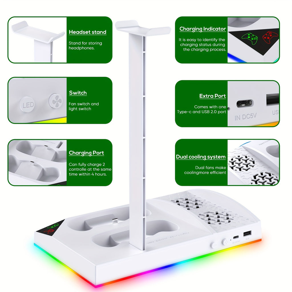 [RGB Cooling Fan Stand] Upgrade RGB Cooling Fan Stand for Xbox Series S Console With 15 Colorful Lights, Dual Controller Charging Station & Cooler Base System for Xbox Series S With 2 * 1400Mah Rechargeable Battery