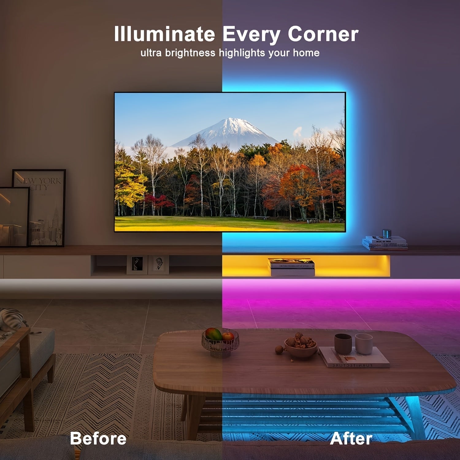 USB- RGB LED Strip Lights with Remote Control & Color-Changing Dimmable Backlight Suitable for TV, Bedroom, Party Decor, RGB Strips for Home Ambiance Lighting, Compatible for PC, Bookshelf, Ceiling Fan Wiring (No)