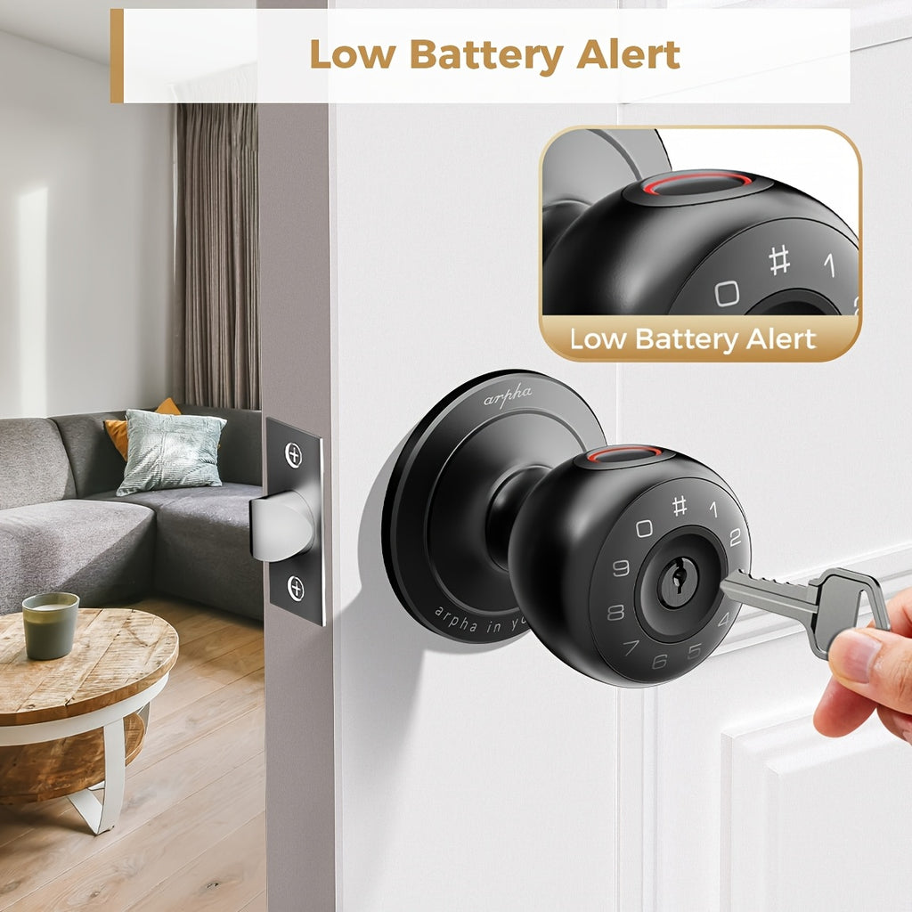 Arpha Smart Door Knob, Fingerprint/App/Physical Key, Entrance Mode/Passage Mode/Privacy Mode, Strong And Durable, Replaceable Battery (Not Included)