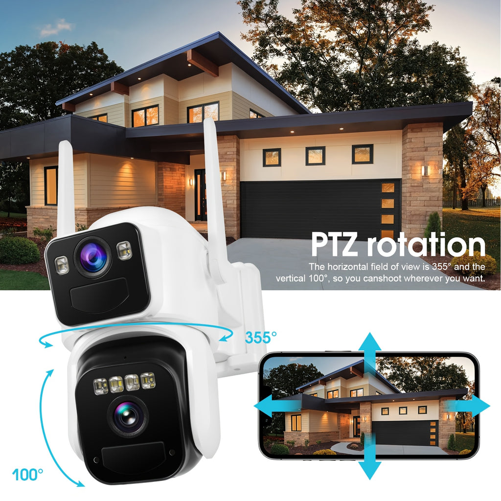 2 Lens Solar Wireless Outdoor Security Camera, WiFi Battery Powered Home Camera With Color Night Vision, PIR Sensor, Two-Way Audio, Waterproof, Spotlight Alarm, 256GB TF Card Support.solar Security Camera