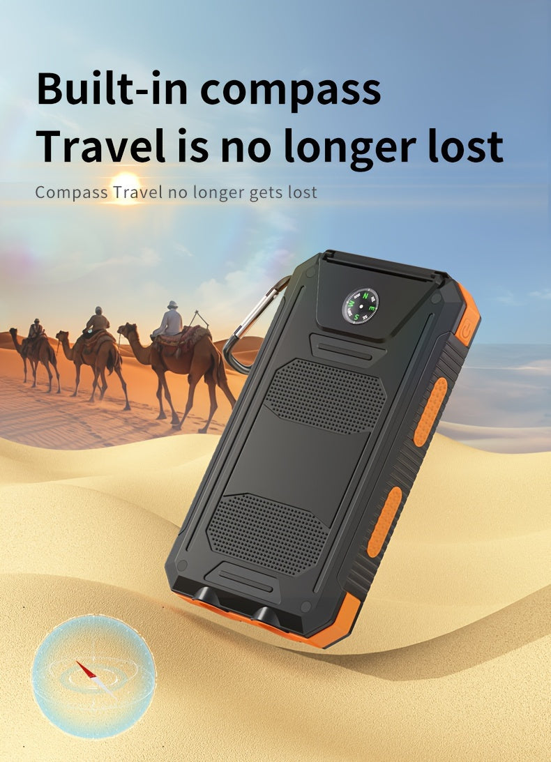 20000mAh Portable Solar Power Bank, Portable Solar Mobile Phone Charger, Camping External Battery Charger for Mobile Phones, 2 USB/ LED Flashlights with Compass for Outdoor Activities