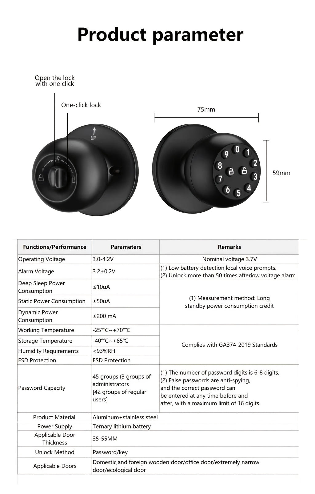 Smart Door Knob With Keyless Entry & Keypad, APP Remote Control, Mechanical Key Backup, Auo-lock, Anti-peeping Passcode, Passage Mode, Electronic Door Knob With Wireless Bedroom Home Hotel Office