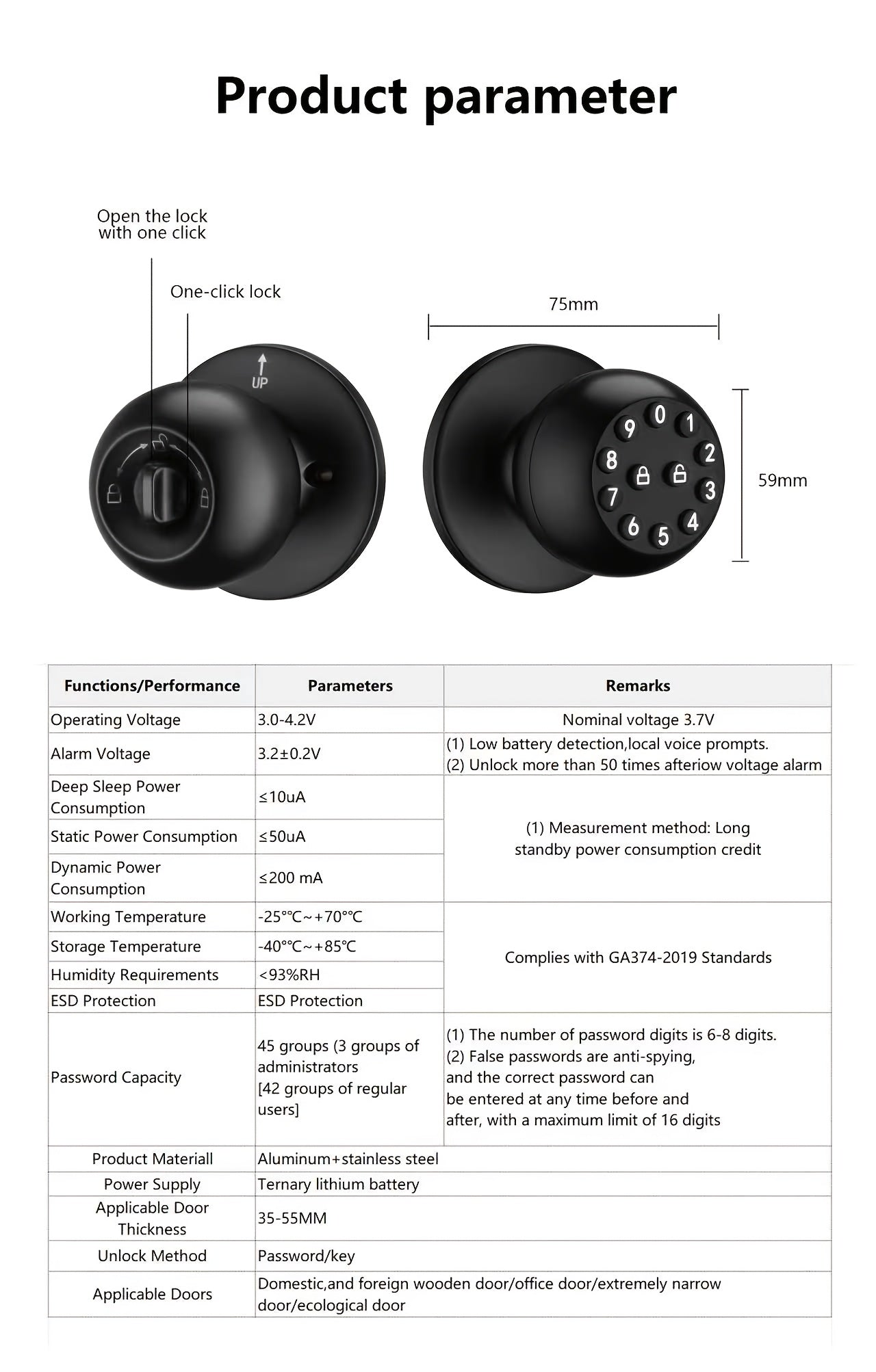 Smart Door Knob With Keyless Entry & Keypad, APP Remote Control, Mechanical Key Backup, Auo-lock, Anti-peeping Passcode, Passage Mode, Electronic Door Knob With Wireless Bedroom Home Hotel Office