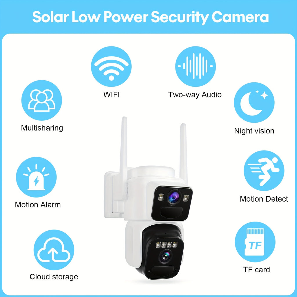 2 Lens Solar Wireless Outdoor Security Camera, WiFi Battery Powered Home Camera With Color Night Vision, PIR Sensor, Two-Way Audio, Waterproof, Spotlight Alarm, 256GB TF Card Support.solar Security Camera
