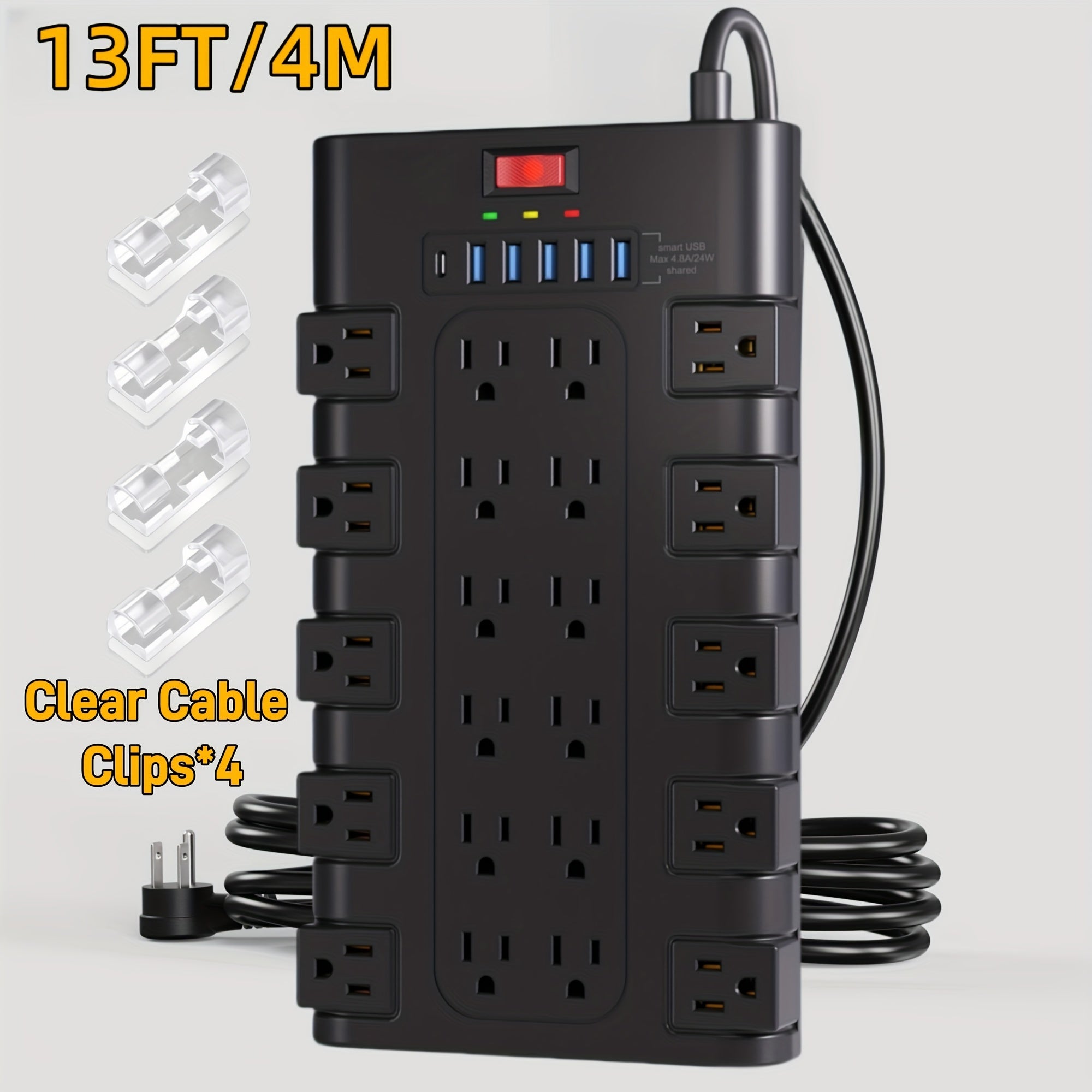 22/4-Outlet Flat Plug Power Strip with 6/4 USB Ports, 28/8-in-1 Power Strip with Surge Protection, Control Switch, Spacious AC Outlets, Flat Plug, 2100 Joules, Wall-Mountable Extension Cord - 4.8/5/7/9/13 Ft Length Options