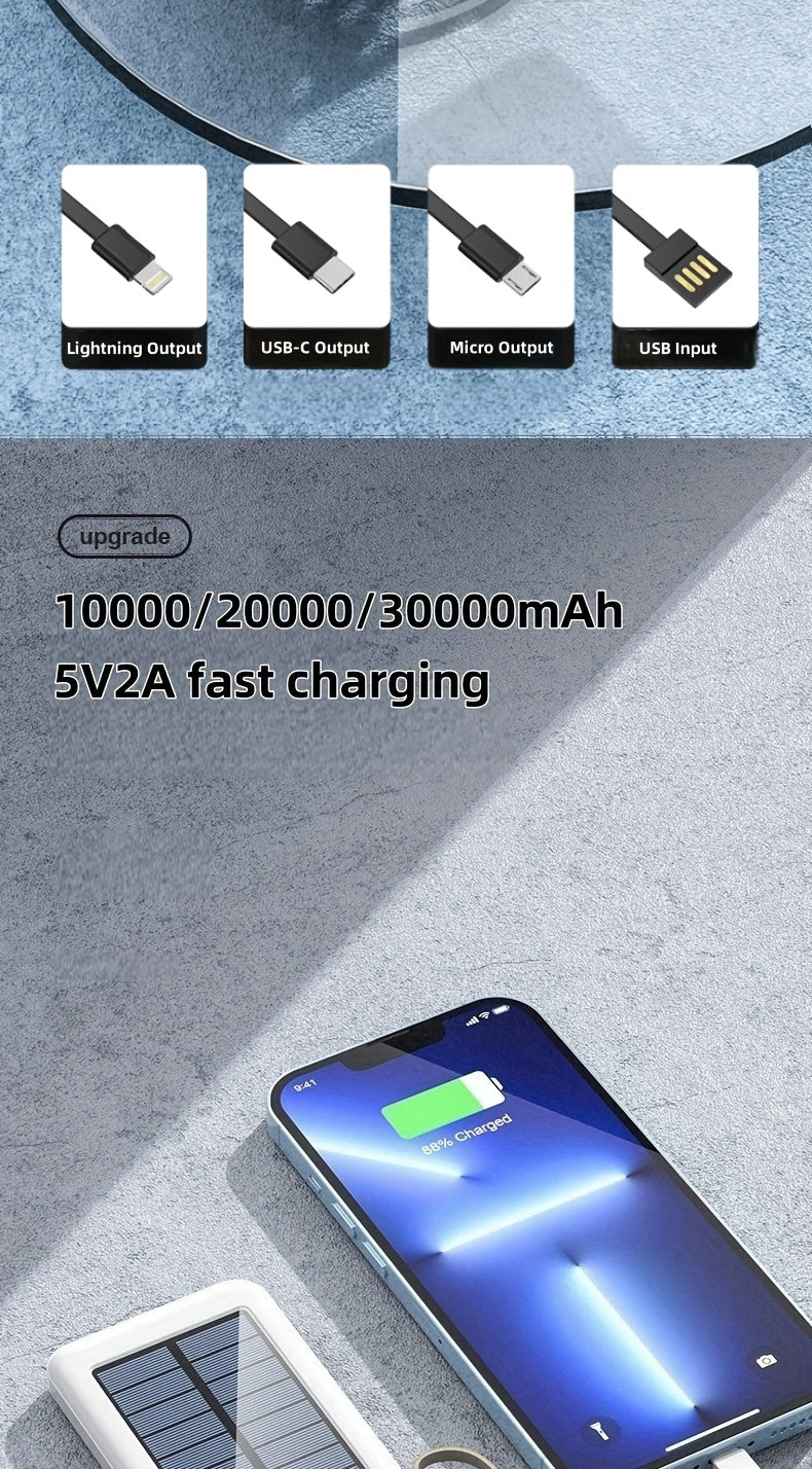 10000/20000/30000mAh 5W Slow Charging/15W Fast Charging Multifunctional Solar Power Bank With Ultra-bright LED Light, Large Capacity Rechargeable Portable Mobile Phone Charger Built-in 4 Cables Digital Display Dual Usb Port USB-C Input