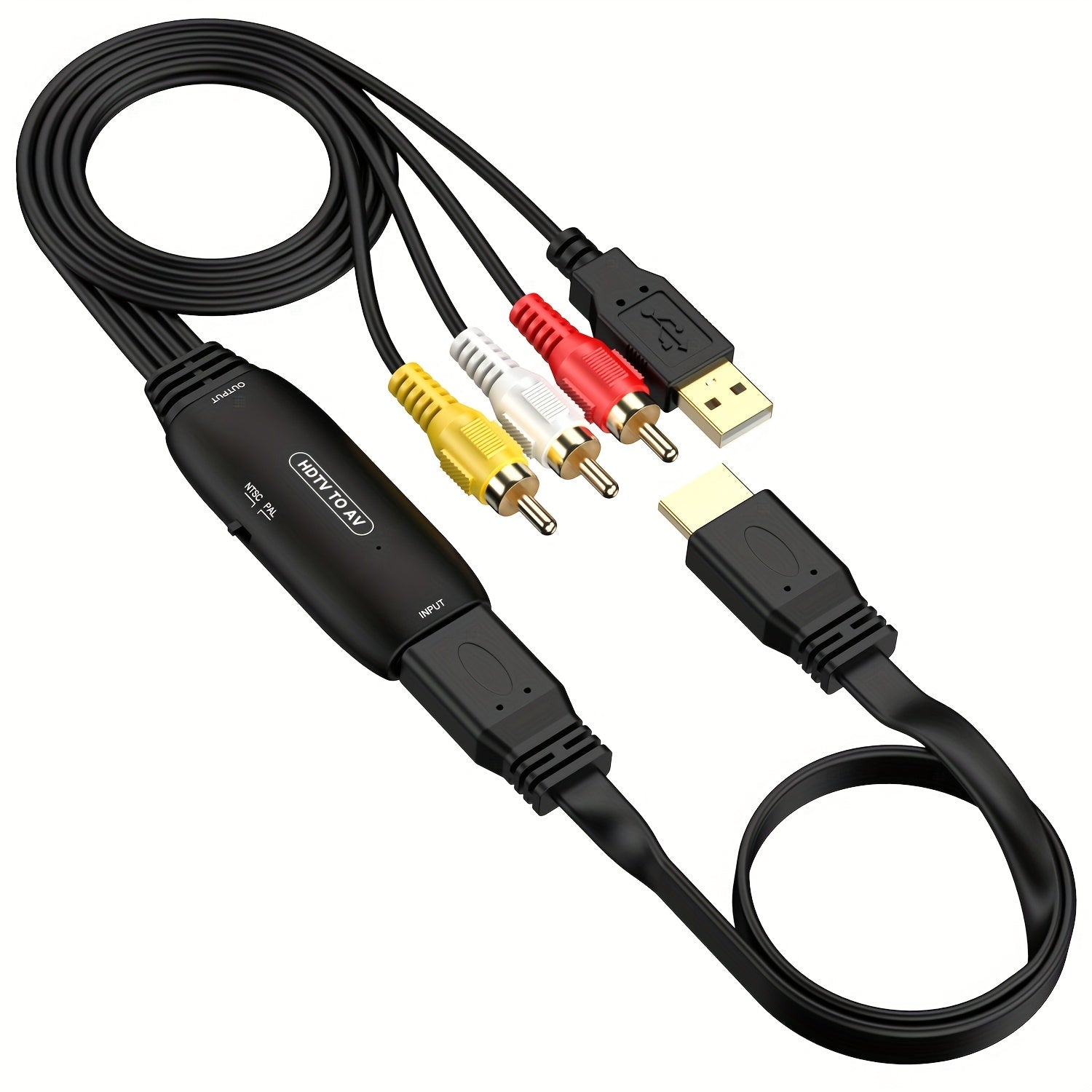 HDTV to RCA Converter Adapter, Compatible with Apple, Xiaomi, Android TV Boxes, Roku, Fire Stick, Dvd/Blu-Ray Players, Supports PAL/NTSC, USB Powered, ABS Resin Body, Durable RCA Connectors, 36V Max Voltage, No Battery Included