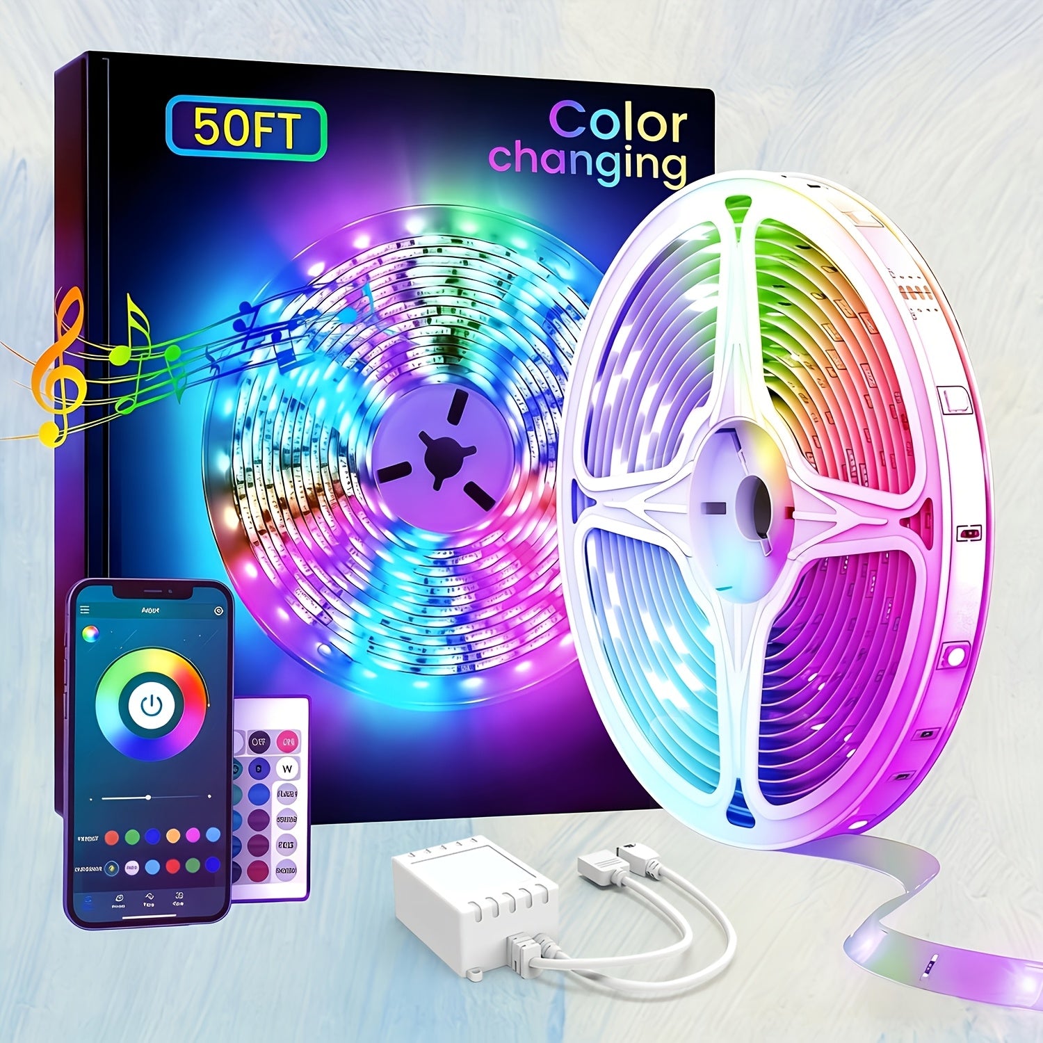 [RGB LED Light Strip] 50/100/130Ft RGB LED Light Strip, 16 Million RGB Color Changes, Adjustable Changing Modes, Built-In Microphone, Music Sync, APP Control And 24-Key Remote Control, Room Decoration Suitable for Game Room, University Dormitory, Bedroom