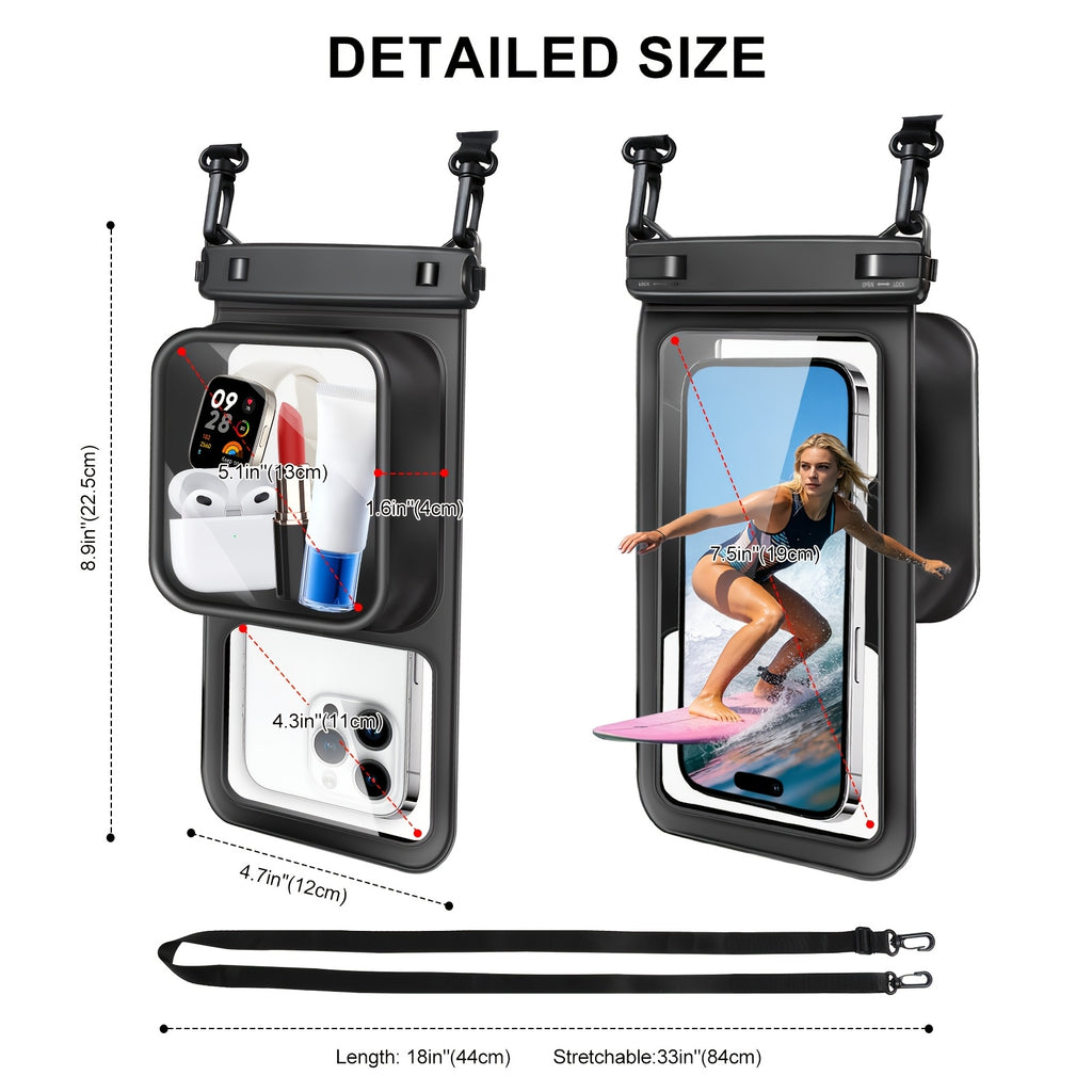 Rynapac 2pcs Floating Phone Pouch - 7.5 Inch Dual Compartment Clear Shockproof And Sandproof for Iphone 16 15 14 13 12 Pro Max, a Must-Have for Swimming, Rafting, Kayaking
