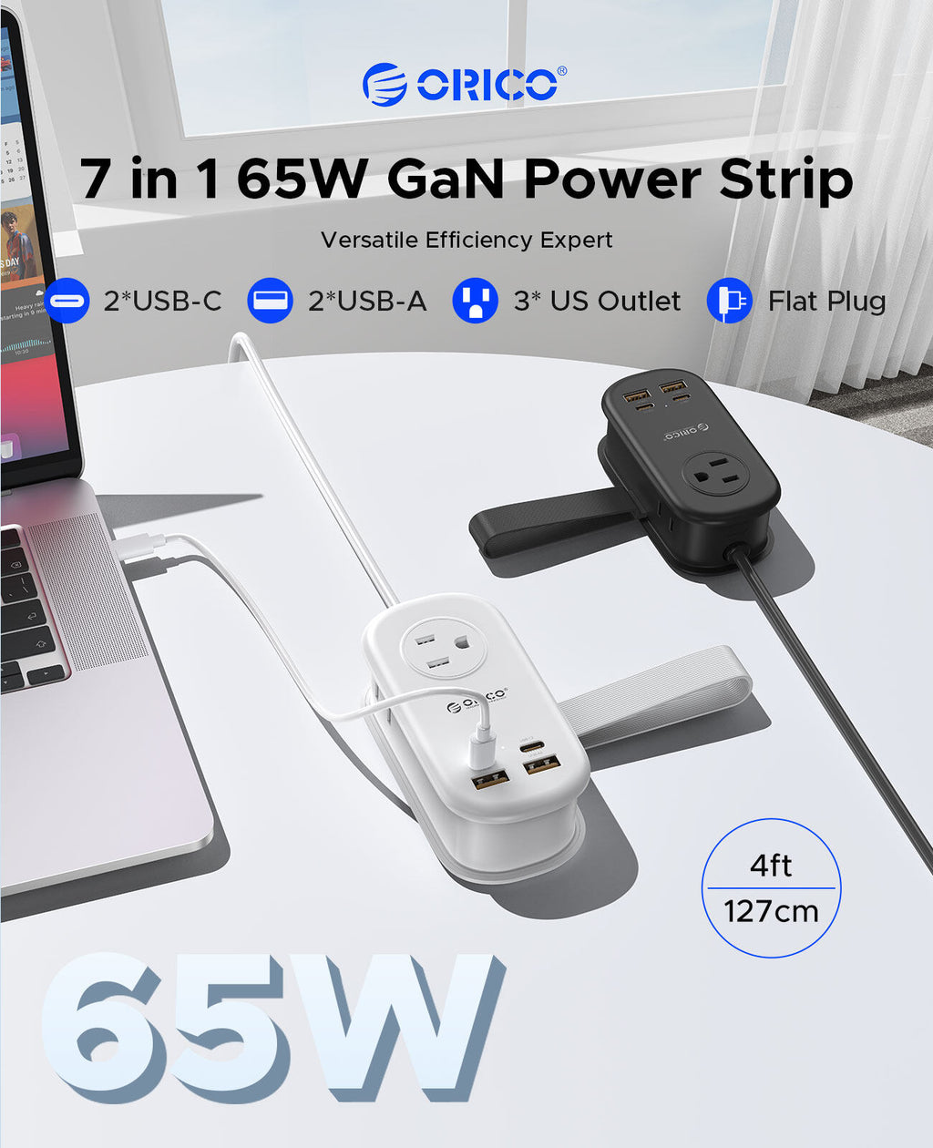 ORICO 65W Portable Power Strip with Fast Charging & Gallium Nitride Technology, Compact Suitable for for Home/Office/Studio, 2 USB-C/2 USB-A/3 US Outlet, Flat Plug & 50.0inch Cable, Compatible for Mobile/Laptop/Tablets/ Devices